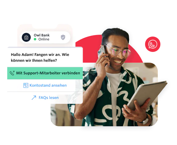 Customer support interaction with Owl Bank representative via mobile phone Smiling man on phone looking at tablet with Owl Bank chat window and WhatsApp icon