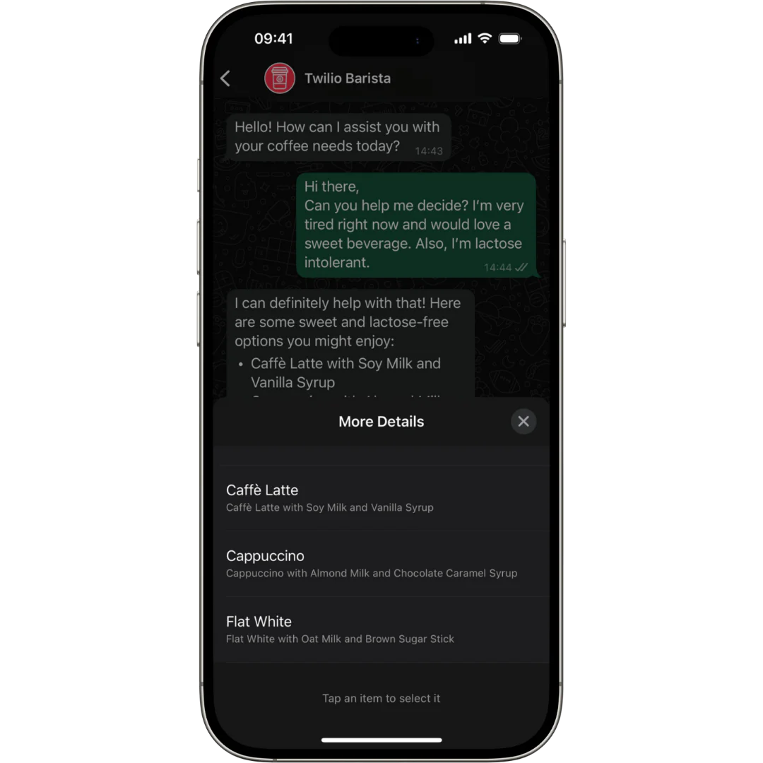 Mobile screen showing a chat with a coffee bot, suggesting lactose-free coffee options. Using a list template to suggest the AI-based recommendations