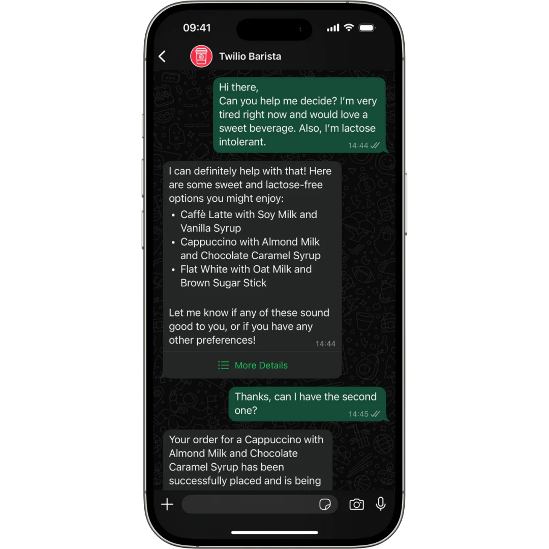 Smartphone screen showing a conversation between a customer and Twilio Barista, discussing lactose-free drink options. The AI makes personalized recommendations based on the custom traits of this particular customer.