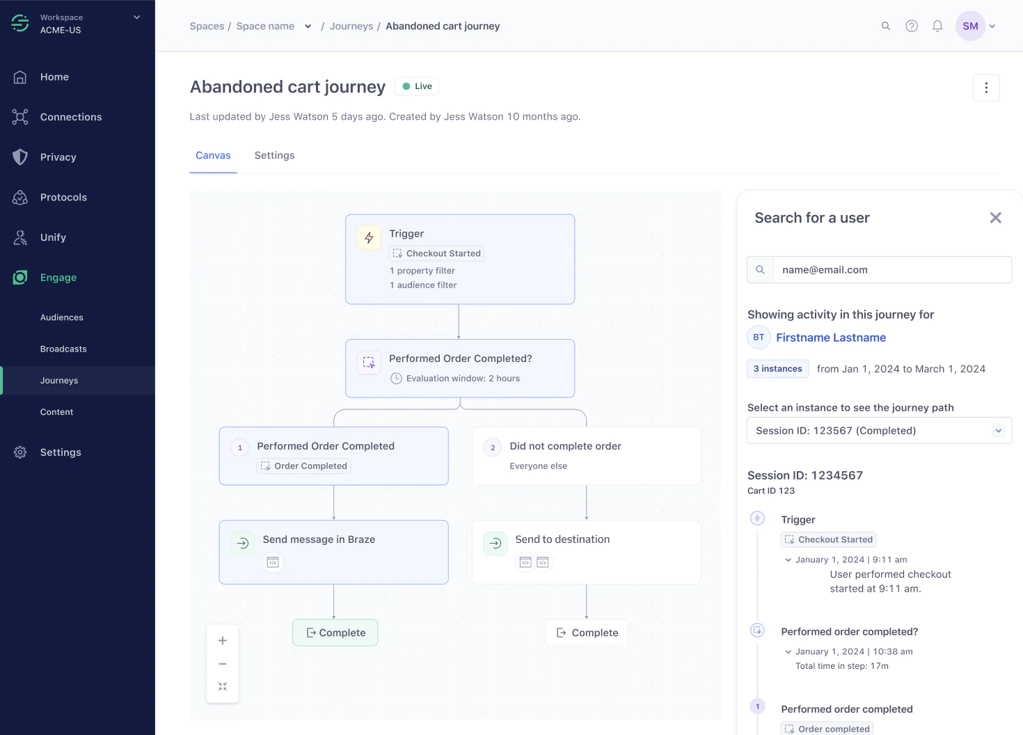 Abandoned Cart Journey Workflow Interface Workflow interface for an abandoned cart journey with user search and completion status.