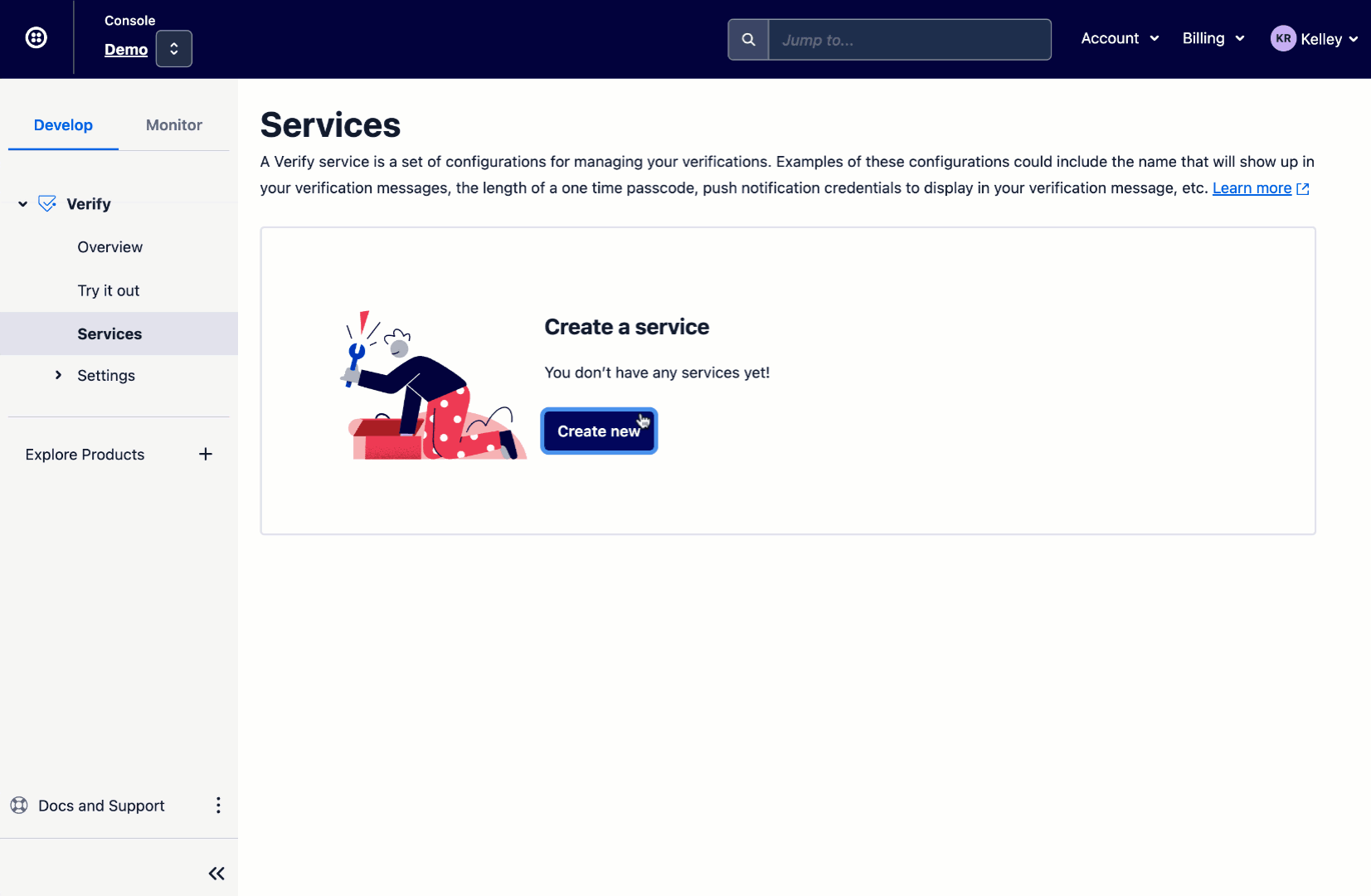 fluxo de criação do serviço verify no console da twilio.